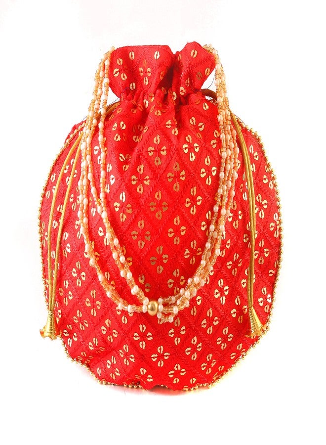 BINORI Traditional Sequins Potli Combo Drawstring Bags with Pearl Handle, Floral Embroidered Design (Pack of 5) - Image 5